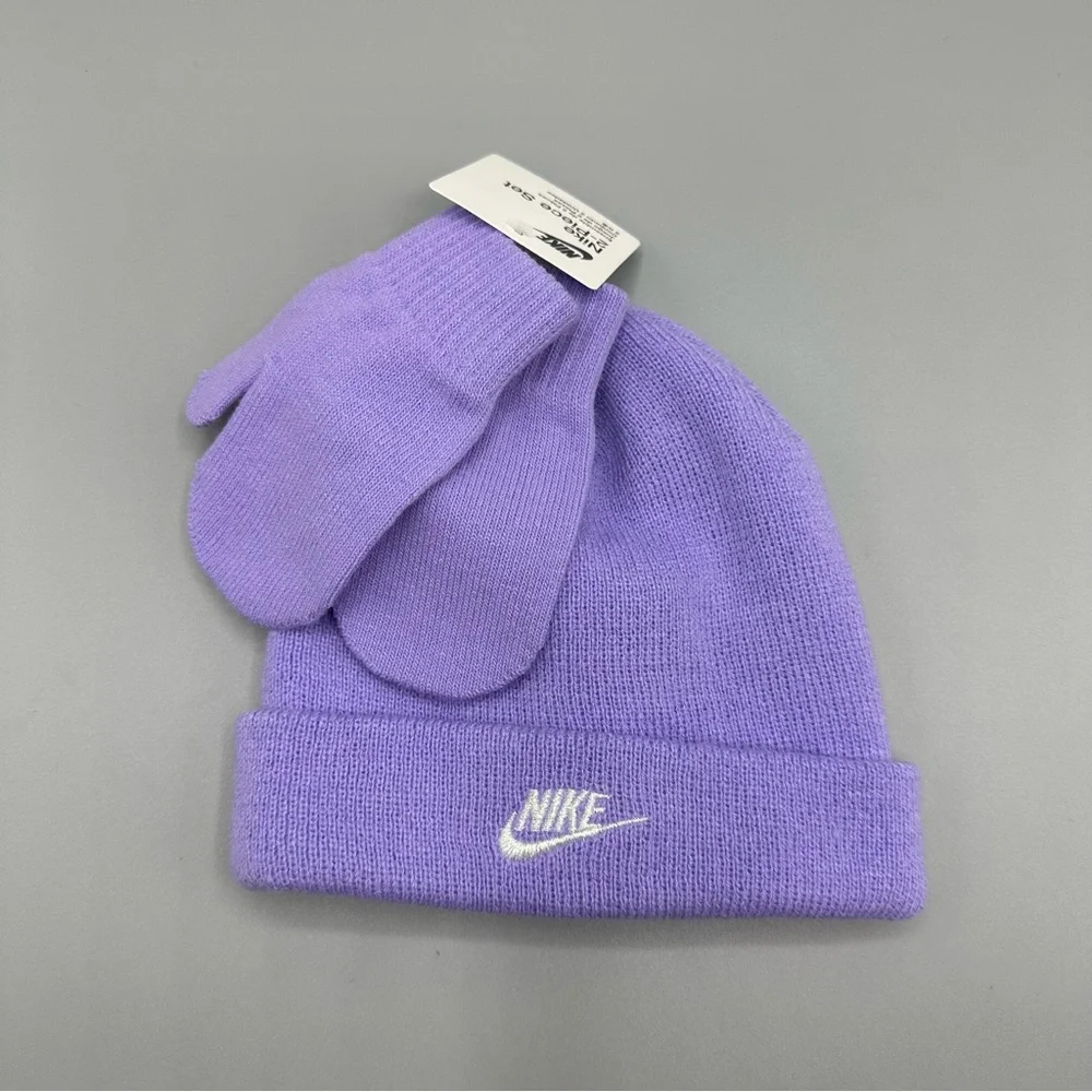 Nike Beanie Hat and Mittens 2 Piece Toddler Baby Set Size 2/4T Purple